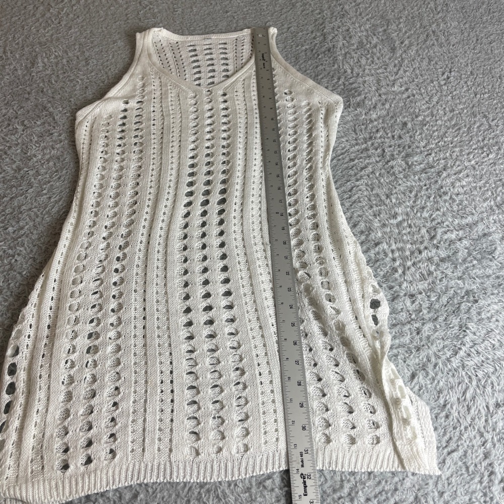 White Open Knit Crochet V Neck Sleeveless Beach Cover Up Tunic Large - Picture 6 of 9